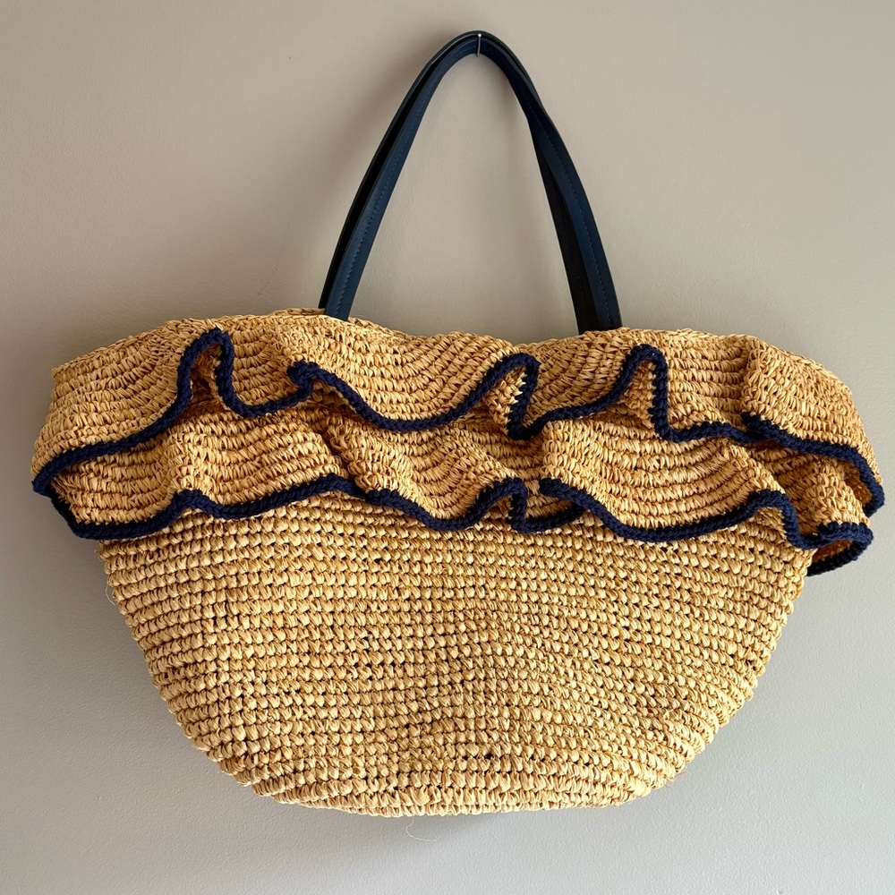 Mark & Graham Tan and Blue Raffia Ruffle Tote Bag NWOT Beach Pool Bag